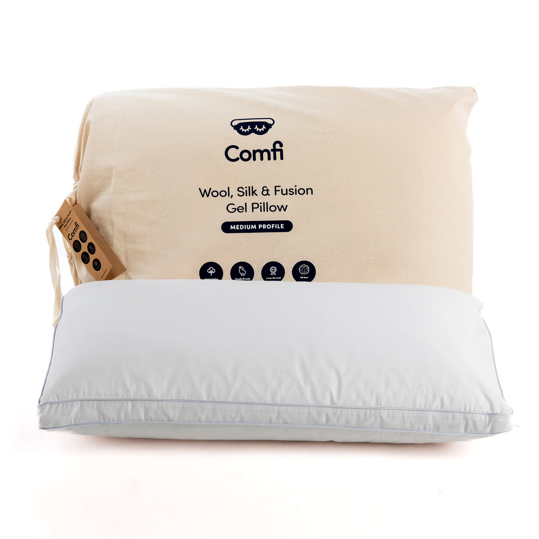 White pillow with beige packaging labeled 'Comfi' on a white background