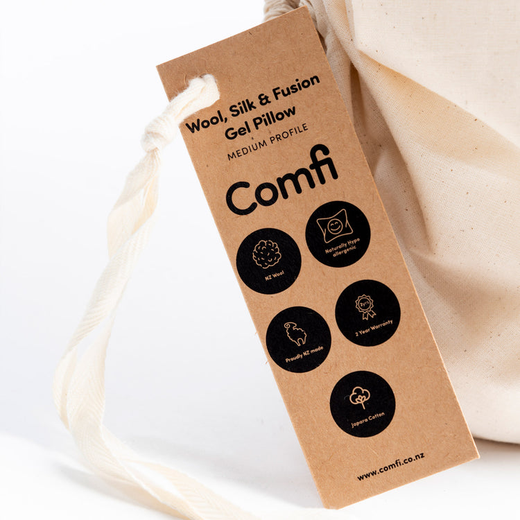 'Comfi' gel pillow packaging with brand logo and product details on a white background. Nz Wool, Naturally Hypo allergenic, Proudly NZ made, 2 Year Warranty, Japara Cotton.